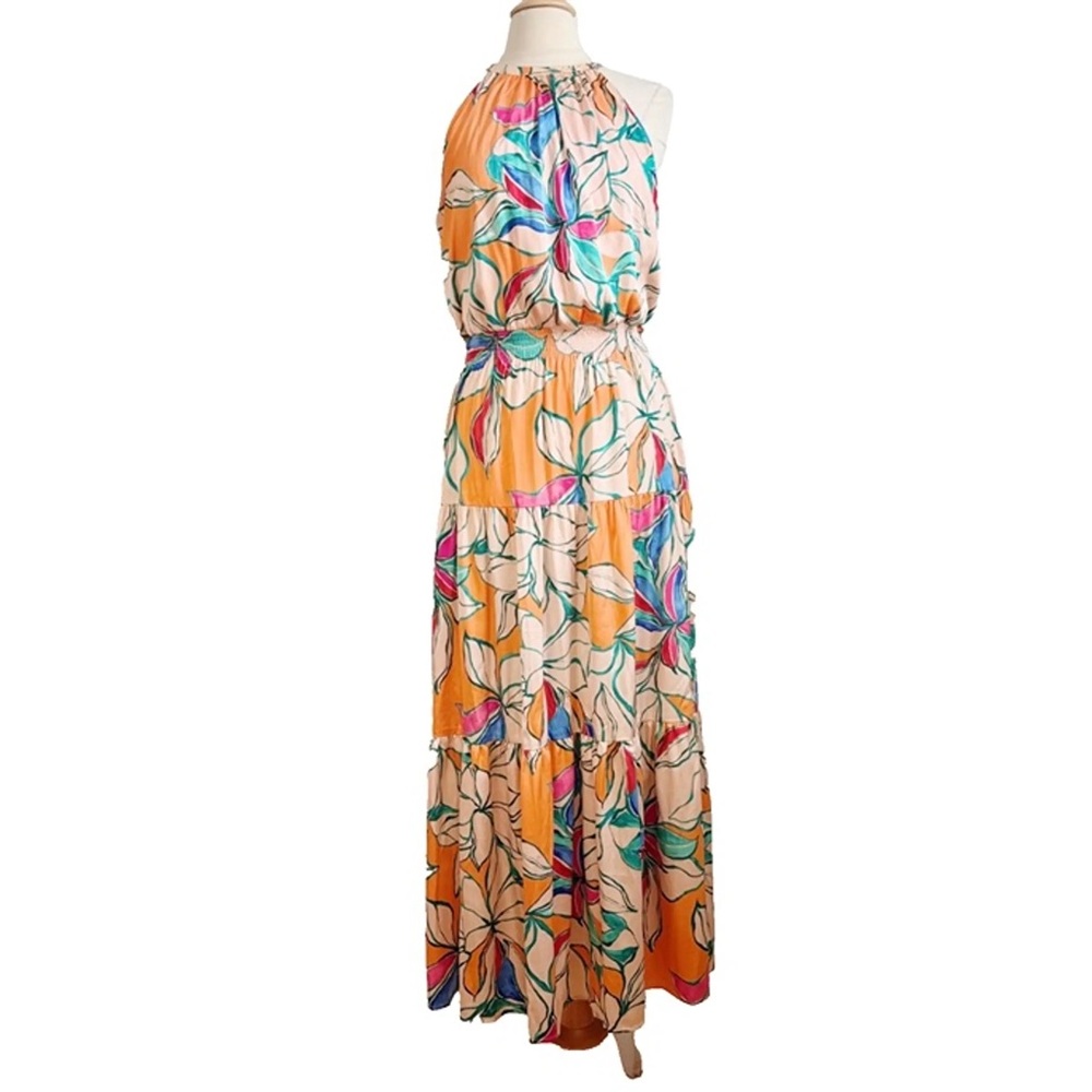 Floral Halter Maxi Dress - Orange and Multicolor